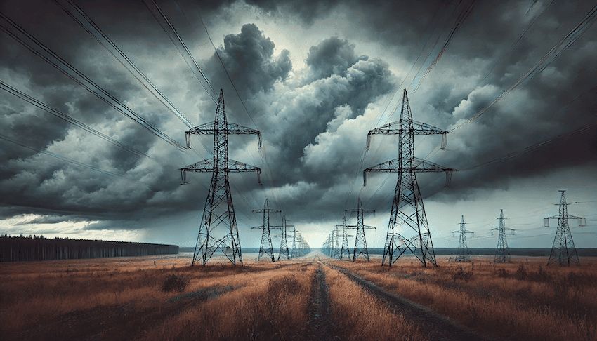 Strommasten mit Freileitungen über einem Feld unter dunklen Gewitterwolken