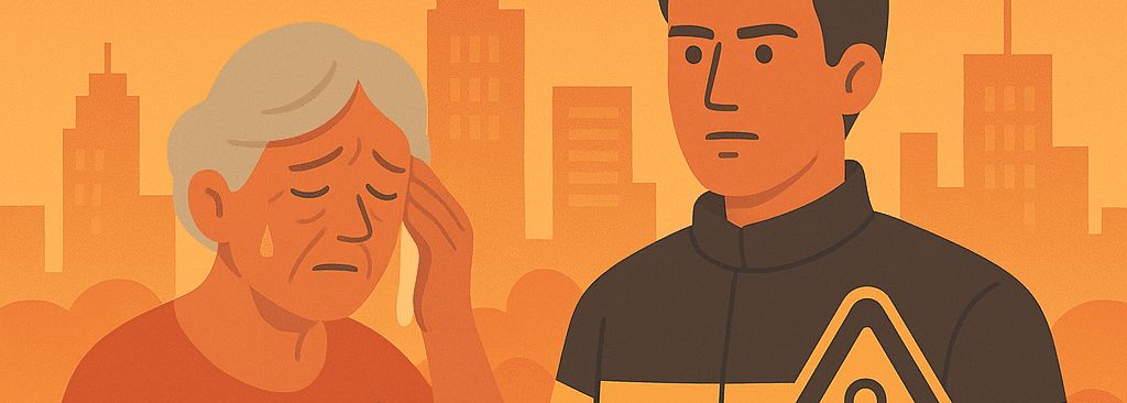 Illustration zur Hitzebelastung: eine ältere Frau mit Schweiß auf der Stirn fasst sich an den Kopf, daneben eine Einsatzkraft in dunkler Uniform, im Hintergrund eine Stadtsilhouette unter praller Sonne; rechts ein Warndreieck mit Thermometer.