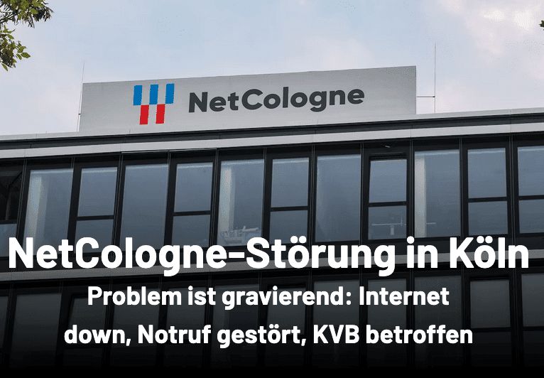 Gebäude mit NetCologne-Schriftzug und Schlagzeile NetCologne-Störung in Köln, Internet down, Notruf gestört, KVB betroffen