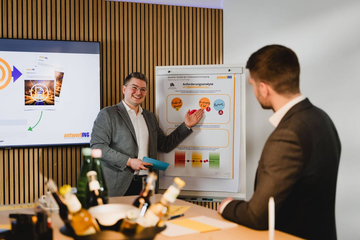 Berater am Whiteboard mit dem Szenario „Ausfall der Trinkwasserversorgung“ und einer Anforderungsanalyse, zeigt auf Bewertungspunkte.