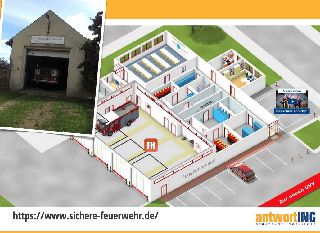 Grafik zur Feuerwehr-Standortanalyse: links das Foto eines alten Feuerwehrgerätehauses, rechts ein 3D-Schnittmodell eines modernen Gerätehauses mit Fahrzeughalle und Räumen; Quelle sichere-feuerwehr.de.