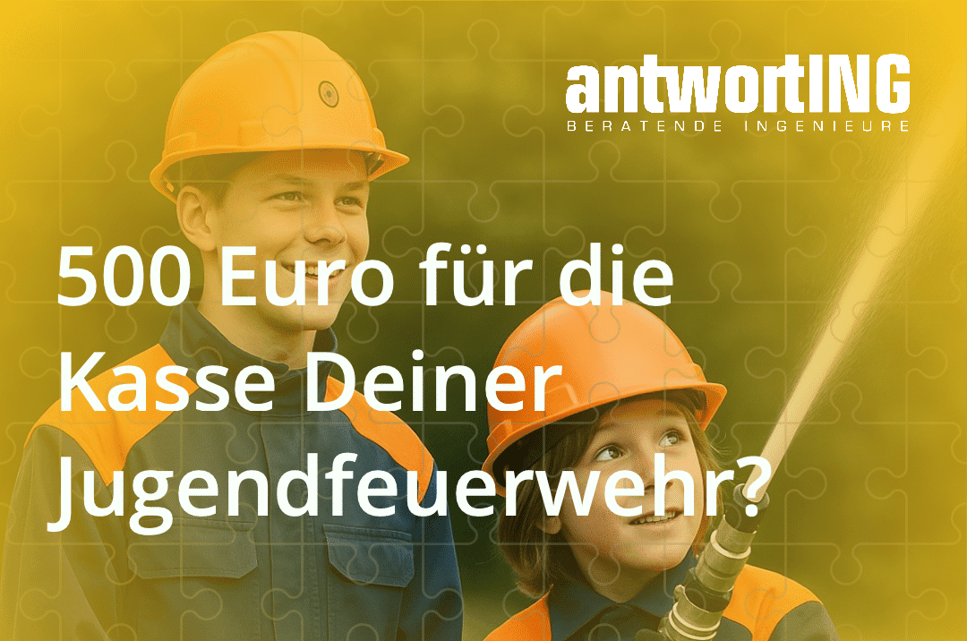 Werbemotiv von antwortING mit zwei Personen in Feuerwehrhelmen und dem Text „500 Euro für die Kasse Deiner Jugendfeuerwehr?“.
