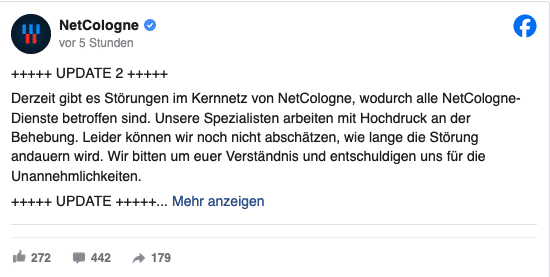 Screenshot einer Facebook-Statusmeldung von NetCologne, die über eine Störung im Kernnetz und die laufende Behebung informiert („UPDATE 2“).