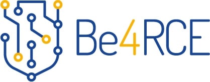 Logo mit dem Text Be4RCE neben einem Leiterplattendesign aus blauen Linien und gelben Kreisen.