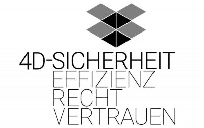 Geometrisches schwarz-graues Würfeldesign über den deutschen Worten 4D-SICHERHEIT EFFIZIENZ RECHT VERTRAUEN auf weißem Hintergrund.
