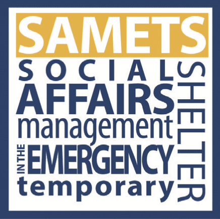 SAMETS-Logo mit den Worten: Soziales, Angelegenheiten, Management im Notfall, Notunterkunft, angeordnet in einem quadratischen Layout mit unterschiedlichen Schriftgrößen und Ausrichtungen.