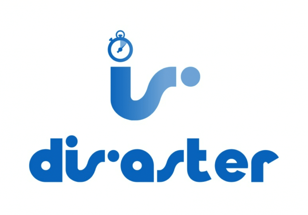 Das Wort „Katastrophe“ wird in stilisiertem blauen Text angezeigt, wobei der Buchstabe „i“ durch ein Uhrensymbol ersetzt wurde, um Dringlichkeit zu suggerieren.