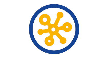 Ein gelbes netzwerk- oder molekülähnliches Symbol mit sechs verbundenen Knoten in einem blauen Kreis auf weißem Hintergrund.